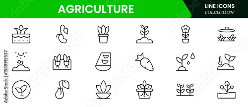 Fertile vector web line icons depicting agriculture, crops, farming tools, livestock, irrigation, and sustainable practices for modern food production.