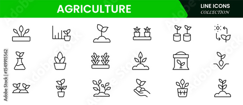 Fertile vector web line icons depicting agriculture, crops, farming tools, livestock, irrigation, and sustainable practices for modern food production.