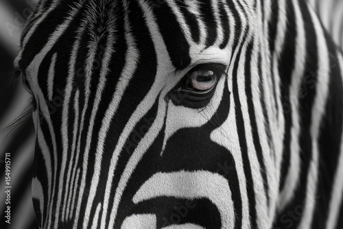 Zebras eye closeup showing black and white stripes and details of skin fur and face