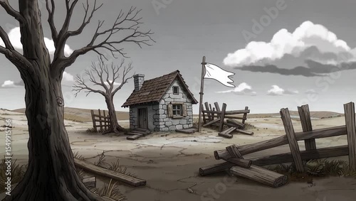 Stone cottage with a white flag set in a desolate rural landscape with broken wooden fences and a barren tree