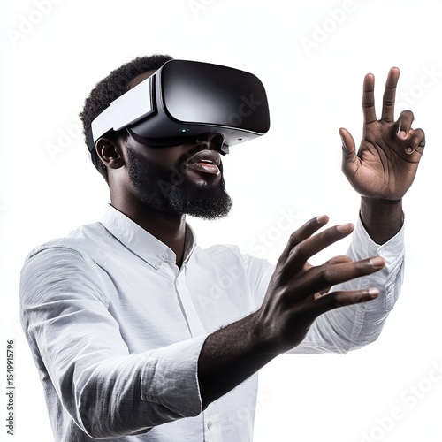 A african man playing video game with virtual reality headset, trying to touch something with hands in metaverse isolated on a white background