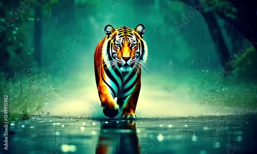 Majestic Tiger in a Lush, Rainy Jungle