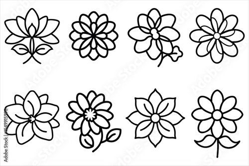 Diverse Collection of Stylized Floral Outlines Awaiting Color and Creativity Depicting Botanical Simplicity and Natural Beauty