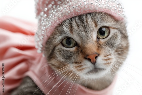 Adorable tabby cat in pink dress and bejeweled hat posing on white background