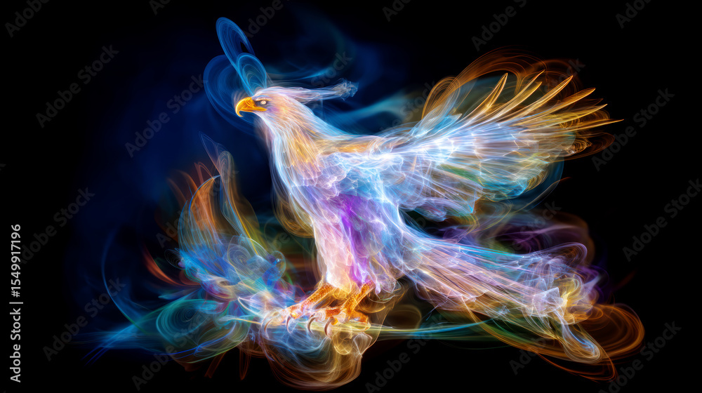 Fototapeta premium Bright fantastic firebird or phoenix on black background