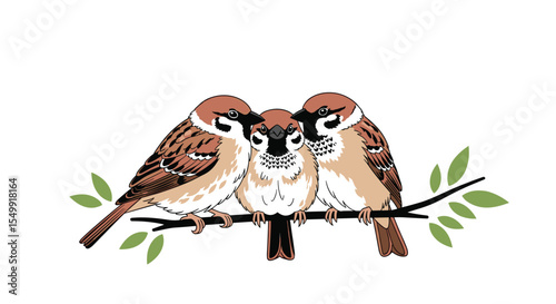 A Sparrow Family Togetherness on a Branch in a Natural Peaceful Environment