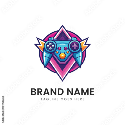 A vibrant and modern logo design featuring a stylized game controller in shades of blue and purple, with geometric elements that evoke a sense of excitement and fun.
