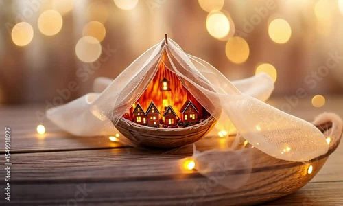 Miniature village nestled in a decorative nut-shell, draped with sheer fabric, bathed in warm, golden light