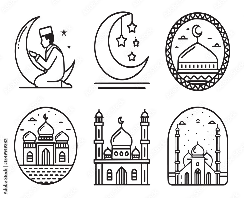 Obraz premium Elegant Line Art Icons – Minimalist Monochrome Islamic Architecture, Scientific Symbols & Ornamental Geometric Designs
