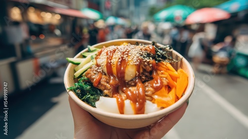 Colorful bibimbap bowl with gochujang drips and sesame seeds on a softly blurred Korean street stall backdrop under midday light