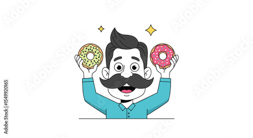 Joyful Man with Mustache Holding Up Delicious Donuts A Sweet Treat Celebration