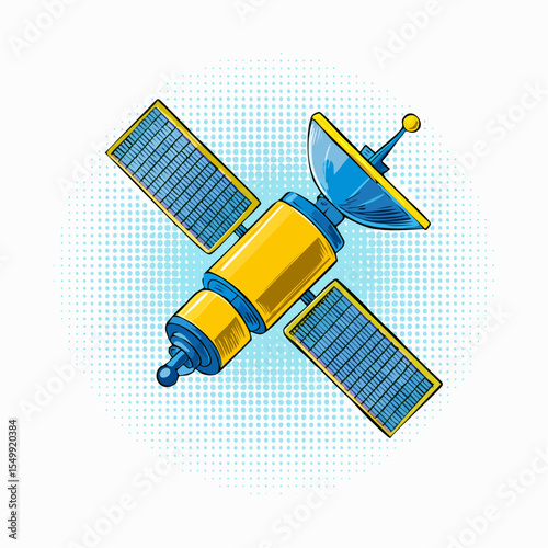 Satellite in Space: A vibrant pop art illustration of a communication satellite orbiting Earth, showcasing its solar panels and antenna against a dynamic halftone background.