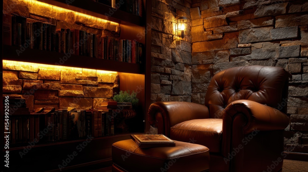 Naklejka premium Cozy reading corner with built-in bookshelves, leather armchair and warm recessed lighting