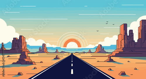A Long Road Through The Desert With Mountains and a Beautiful Sunset