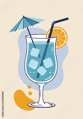 Vector illustration of Blue Lagoon cocktail with ice, orange slice, and umbrella on colorful background