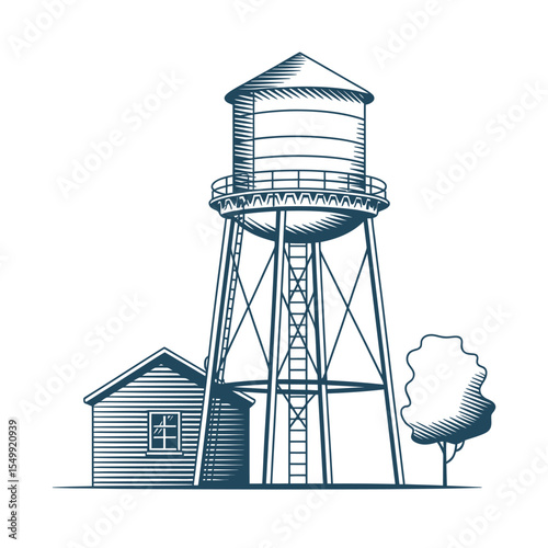 Vintage water tower and small building with a tree in a stylized drawing