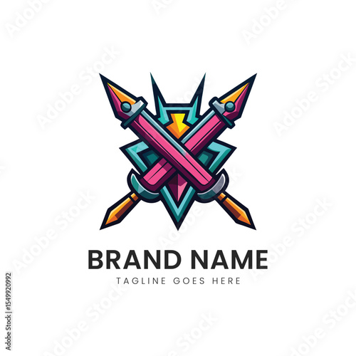 A vibrant, modern logo featuring crossed swords, designed with sharp lines and bold colors, suitable for gaming or sports branding.