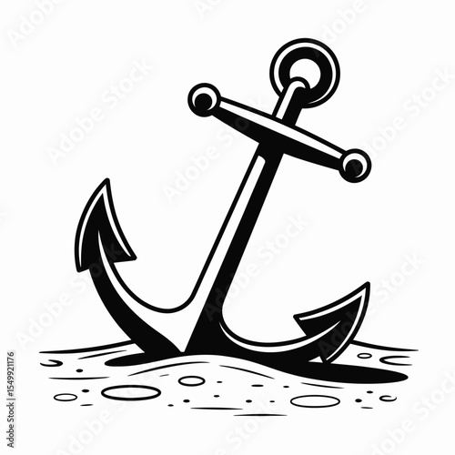 Classic black anchor stuck in sandy seabed with white background