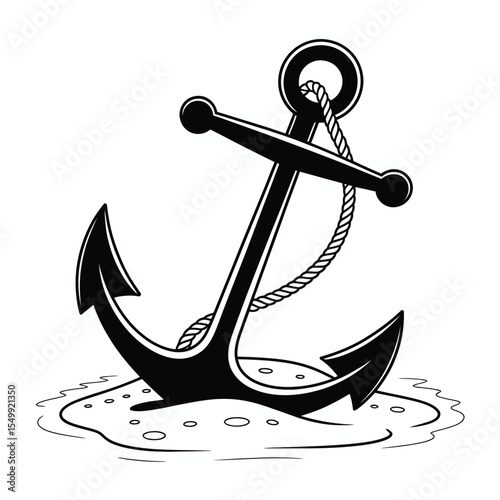 Classic black anchor with rope resting on sandy seabed with wavy water lines