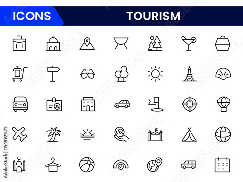 Vibrant vector web line icons depicting tourism, travel, landmarks, maps, and cultural adventures for memorable global exploration experiences.