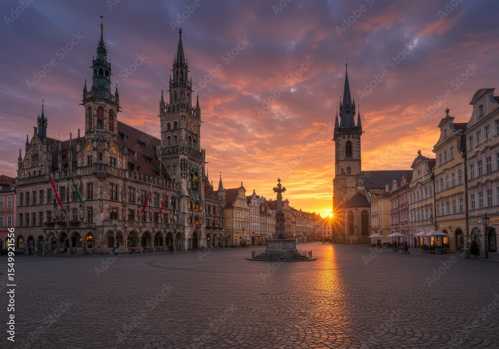 Fototapeta premium The New Town Hall of Munich stands majestic at sunrise in a beautiful cityscape.