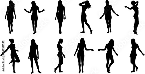 Vector detailed silhouettes set of beautiful sexy women various lying, sitting and standing poses isolated on white background.
