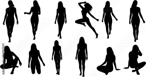 Vector detailed silhouettes set of beautiful sexy women various lying, sitting and standing poses isolated on white background.
