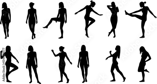 Vector detailed silhouettes set of beautiful sexy women various lying, sitting and standing poses isolated on white background.

