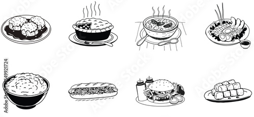 Collection of eight hand drawn black and white food illustrations on a white background