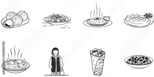 Collection of hand drawn food illustrations featuring meals and a person