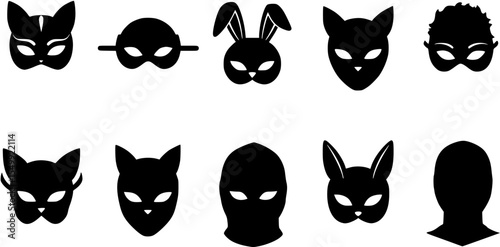 Adult mask cat and bunny vector icon set. Black bdsm fetish masquerade costume eye mask silhouette hidden person face. Simple design incognito sex party woman cosplay clip art illustration