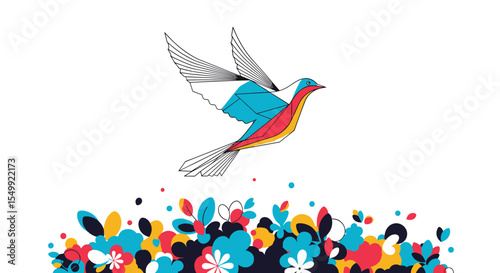 A Celebration of Nature's Beauty A Dove Amidst Colorful Floral Splendor Illustration