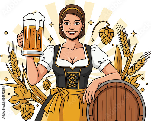 Illustration of a woman in Bavarian costume toasting with a foamy stein. Woman waitress in Bavarian Costume with Beer Stein – Illustration of Oktoberfest and Beer Culture.