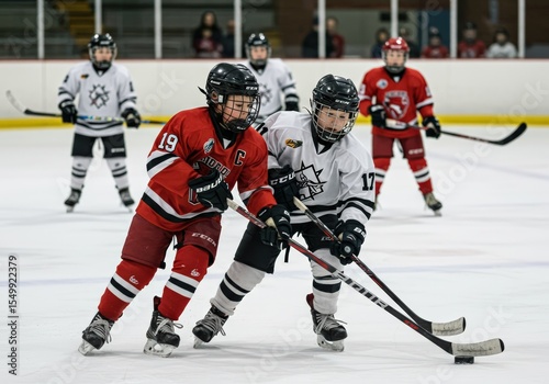 Two young hockey players intensely battle for the puck during a fast-paced ice hockey game.