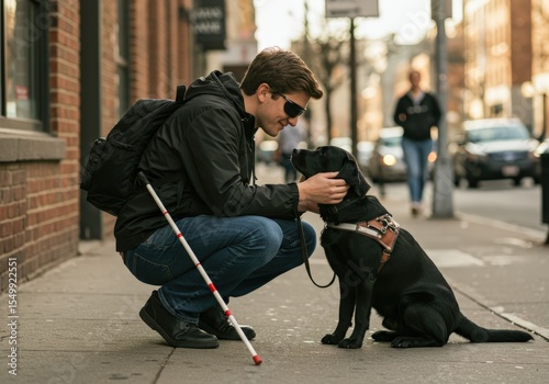 A man with a guide dog enjoys a moment of connection on a city street.