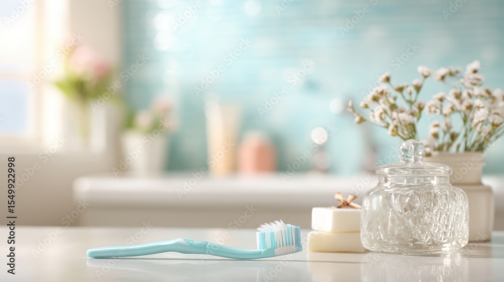 Fototapeta premium Dental hygiene ad with toothbrush icon and empty tips space on a softly blurred bathroom vanity backdrop