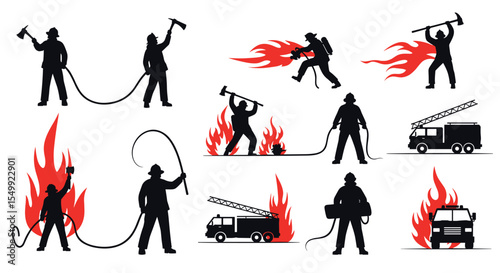 Illustrative Firefighters Extinguishing Fires In Different Ways With Relevant Equipment And Firetrucks