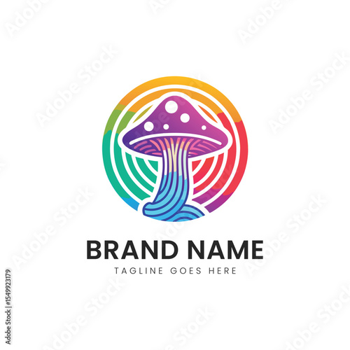 A vibrant, stylized mushroom logo featuring rainbow colors, characterized by a whimsical design, making it ideal for creative and eco-friendly brands.