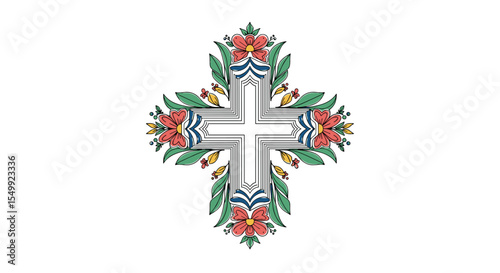 Floral Cross Image with Decorative Border and Flower Adornments on White Background