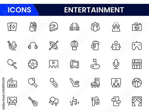Vibrant vector web line icons showcasing entertainment, movies, music, games, and digital platforms for immersive and joyful leisure experiences.