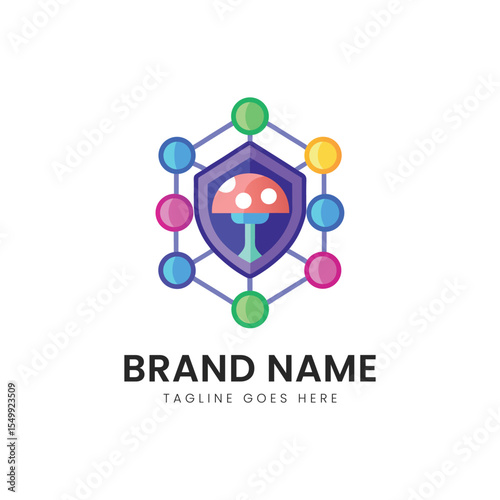 A colorful logo featuring a whimsical mushroom design at the center, surrounded by interconnected circles and a shield, representing creativity and innovation.