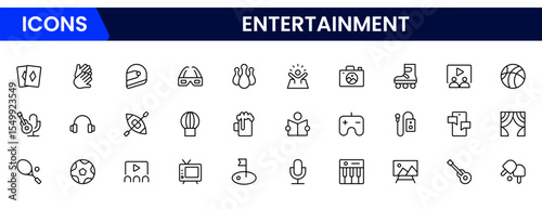 Vibrant vector web line icons showcasing entertainment, movies, music, games, and digital platforms for immersive and joyful leisure experiences.