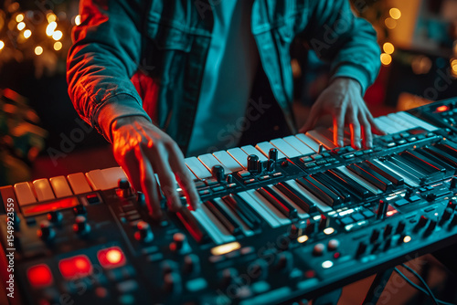 Artist singer dj sound engineer in music production studio with vibrant lights generative ai