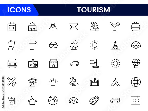 Vibrant vector web line icons depicting tourism, travel, landmarks, maps, and cultural adventures for memorable global exploration experiences.
