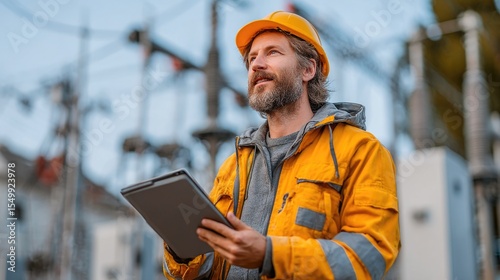 Engineer in safety gear inspecting site with tablet