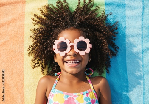 A happy young girl with flower sunglasses enjoying the summer sunshine on the beach.