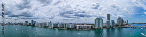 Aerial view of South Beach coastline. Miami skyline with tropical blue waters panorama. Panorama over the Miami skyscrapers. Miami, Florida waterfront cityscape. Iconic South Florida travel