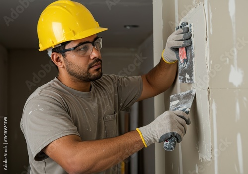 Construction worker applying drywall mud to a wall with a trowel.
