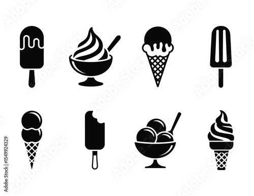 Set of Ice Cream Icons in Silhouette Style Isolated on White Background for Summer Dessert Design


