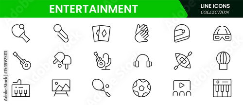 Vibrant vector web line icons showcasing entertainment, movies, music, games, and digital platforms for immersive and joyful leisure experiences.